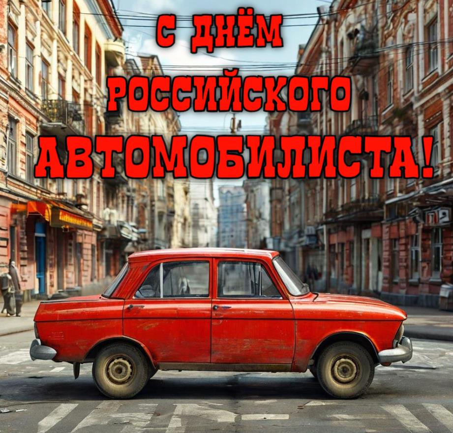 Необычная открытка с Советским Москвичом на день Российского автомобилиста.