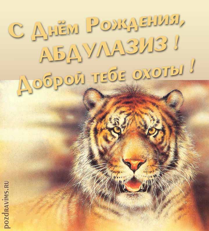 Прикольная картинка с суровым тигром "С днём рождения, Абдулазиз! Доброй тебе охоты!".