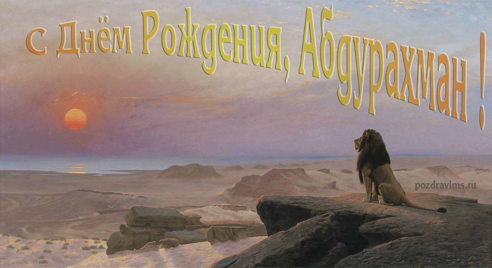 Прикольная картинка со львом смотрящим на закат и поздравлением ко дню рождения мужчины с именем Абдурахман.