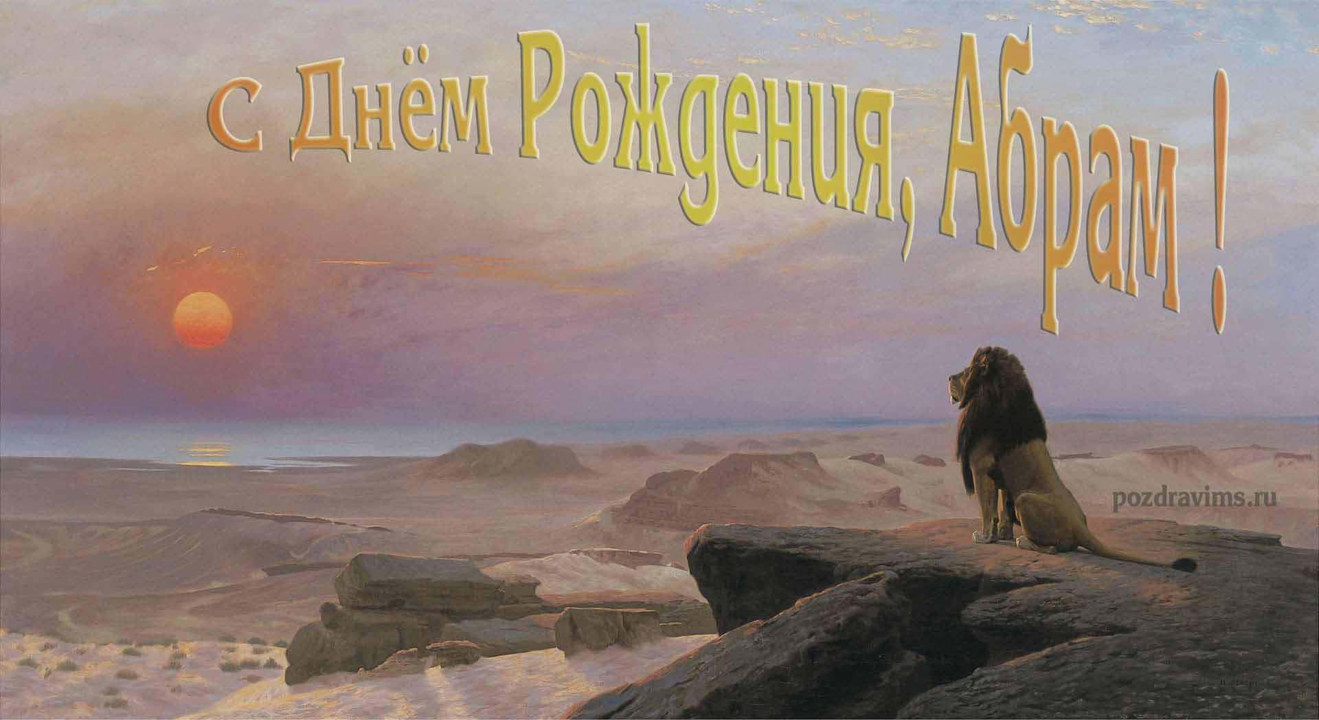 Прикольная картинка со львом смотрящим на закат и поздравлением ко дню рождения мужчины с именем Абрам.