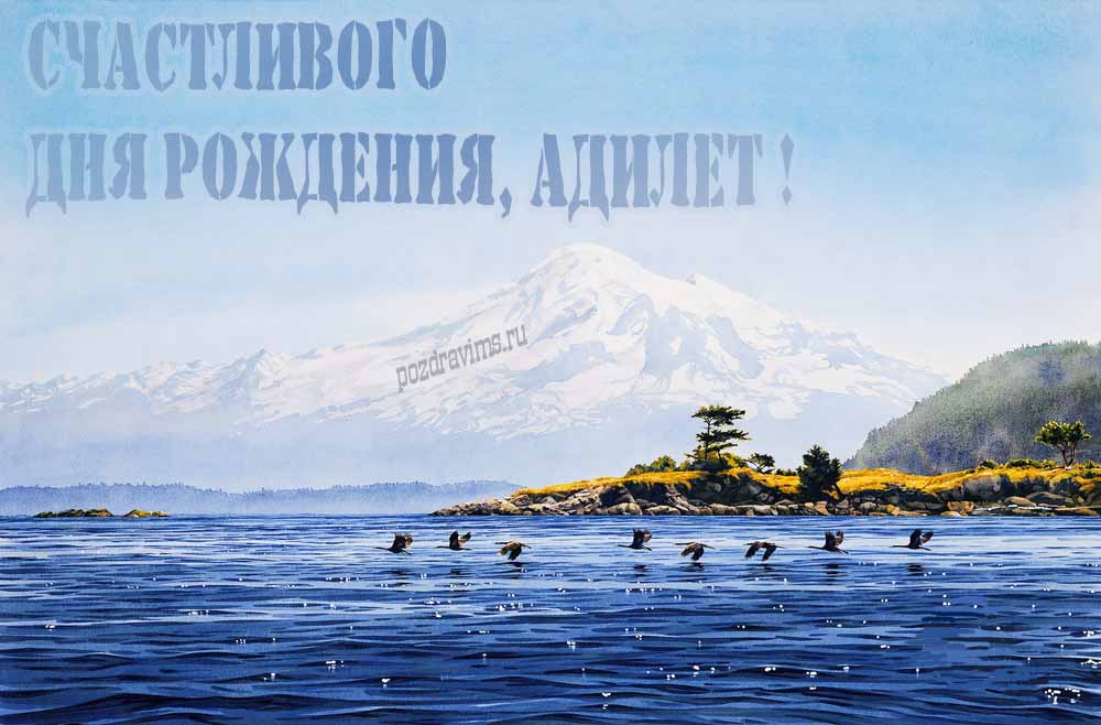 Вдохновляющая открытка с птицами у озера в подножье заснеженной горы "Счастливого дня рождения, Адилет!".