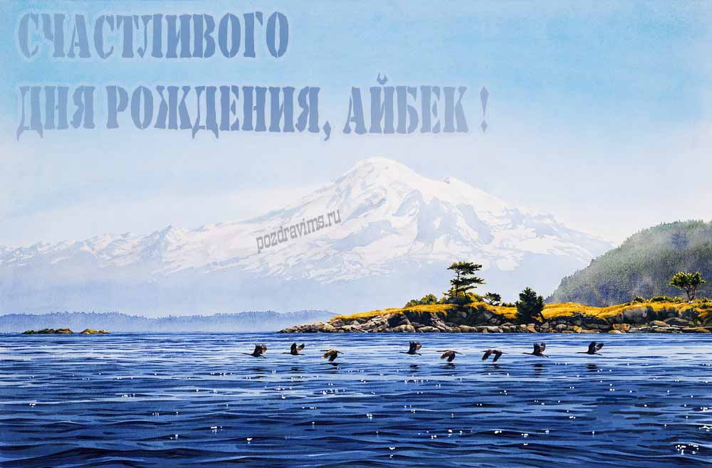 Вдохновляющая открытка с птицами у озера в подножье заснеженной горы "Счастливого дня рождения, Айбек!".