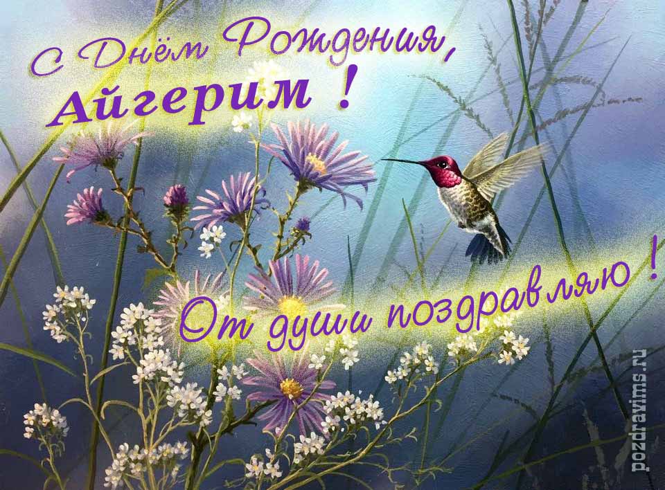 Волшебная открытка с птичкой в цветах и надписью "С днём рождения, Айгерим! От души поздравляю!".