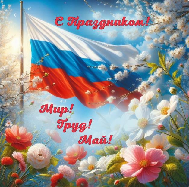 Весенняя открытка "Мир! Труд! Май!" с цветами и флагом России