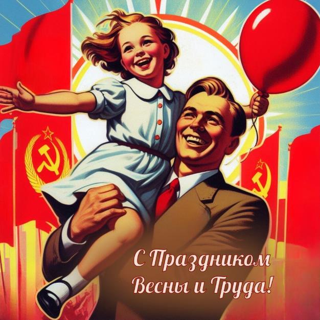 Весёлая открытка "С праздником Весны и Труда!" в стиле СССР