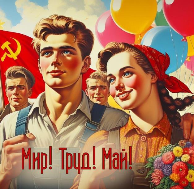 Открытка "Мир! Труд! Май!" с Советскими трудящимися