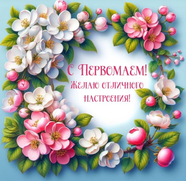 Надпись "С Первомаем! Желаю отличного настроения!" в рамке из цветов