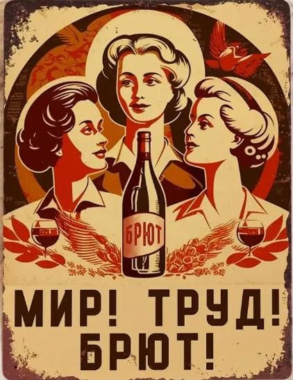 Советская табличка с надписью "Мир! Труд! Брют!"