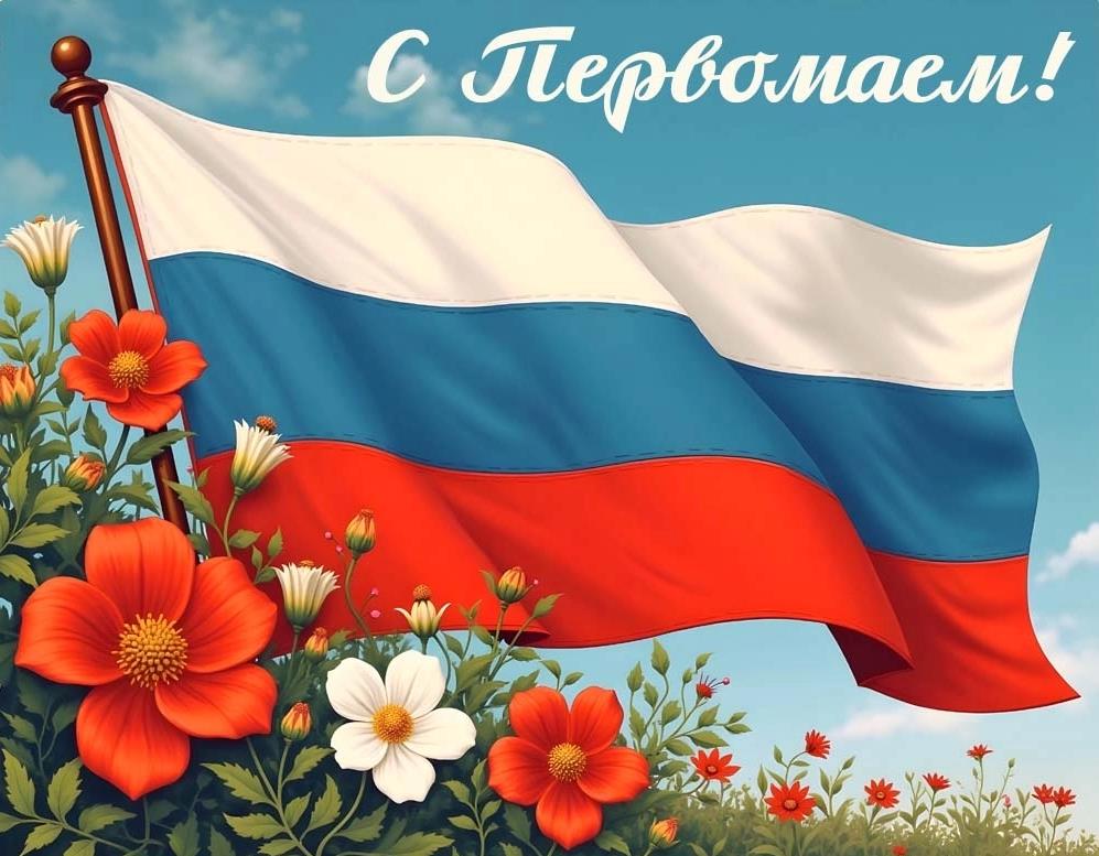 Патриотическая открытка с флагом России на Первомай!