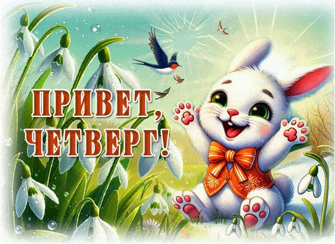 Весенняя гифка с надписью "Привет Четверг!" с цветами