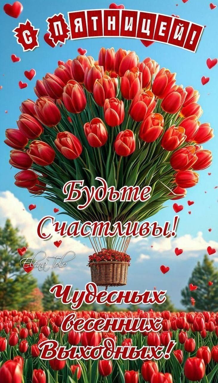 С Пятницей! Будьте счастливы! - огромный букет красных тюльпанов в виде воздушного шара