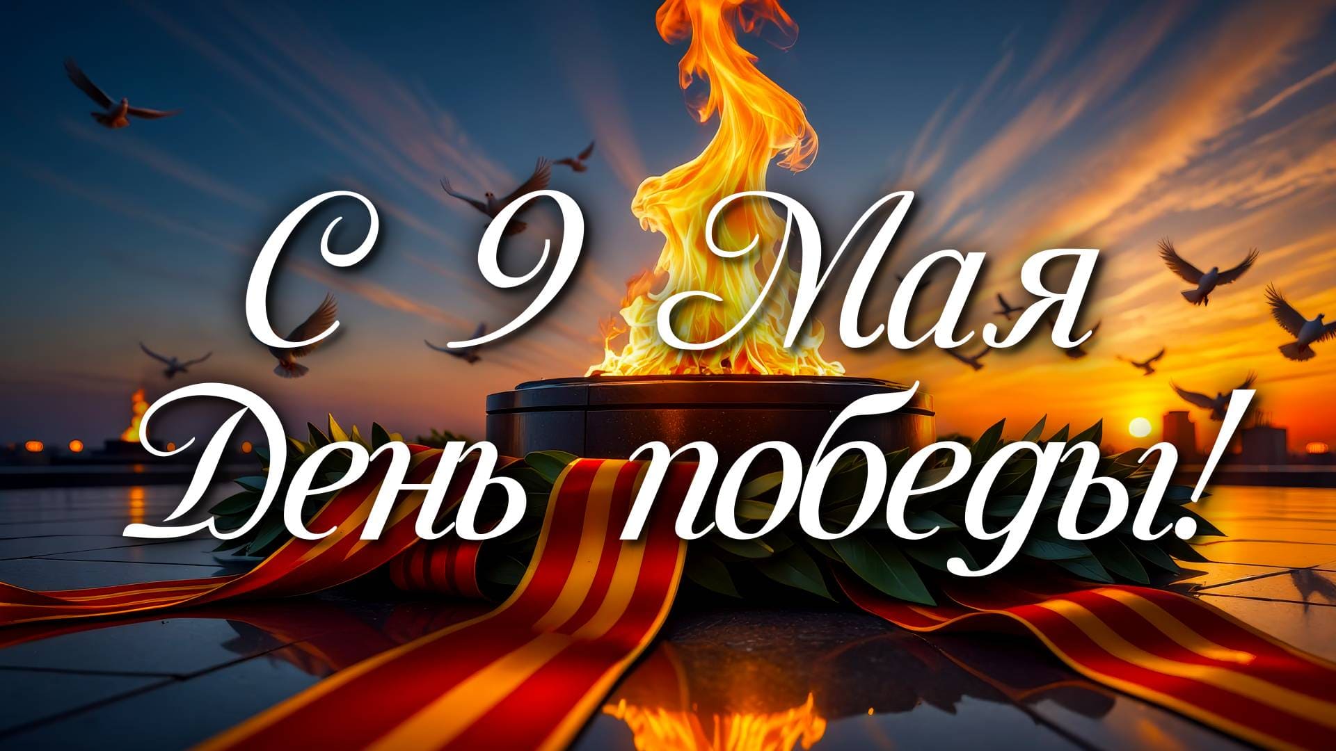 Надпись - С 9 Мая - день победы! на фоне вечного огня