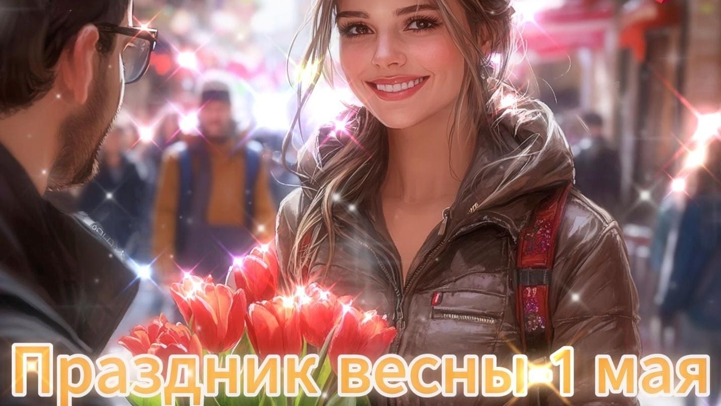 Красивая открытка с девушкой с тюльпанами на праздник Весны 1 Мая!