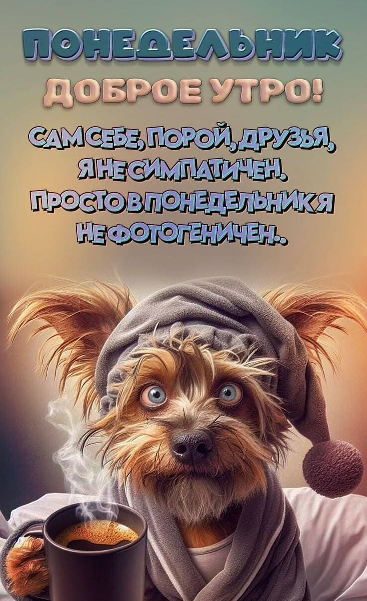 Прикольная картинка с собакой и кофе утром понедельник!