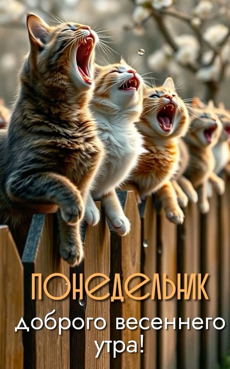 Смешная открытка с котами : "Доброго весеннего утра Понедельника!"