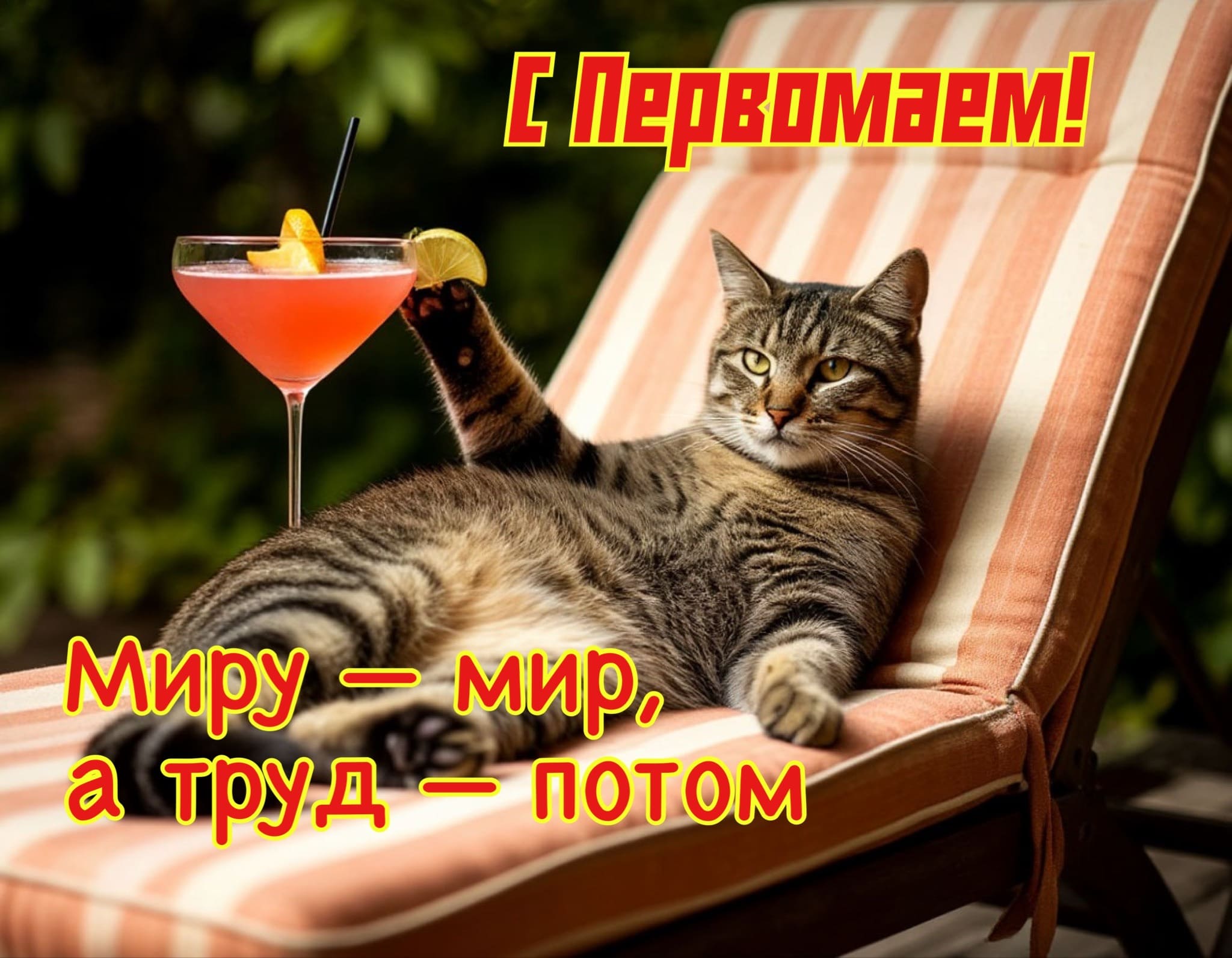 Смешная картинка с котом с Первомаем! Миру - мир, а труд потом!