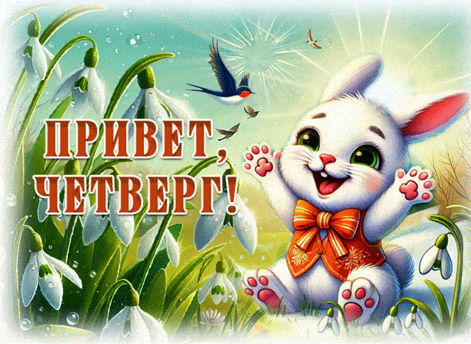 Весенняя гифка с надписью "Привет Четверг!" с цветами 