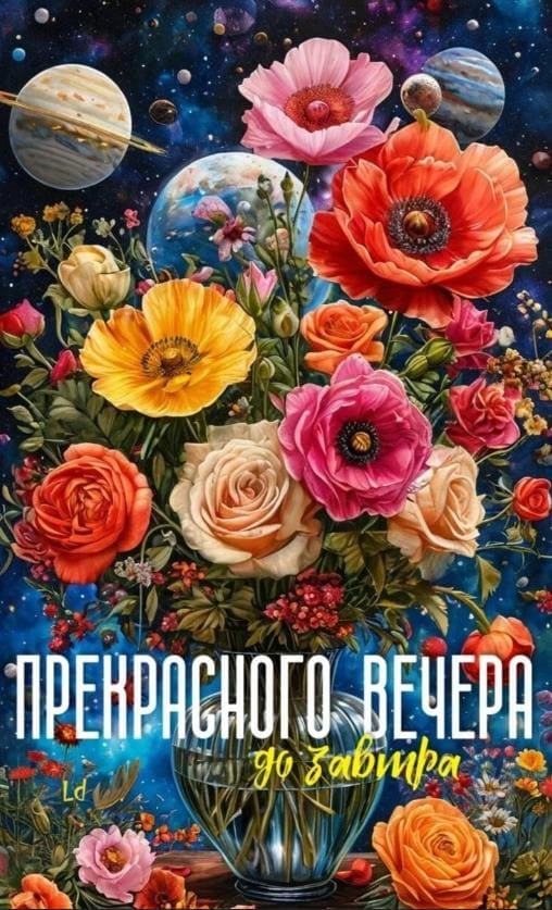 Космическая картинка с цветами и пожеланием прекрасного вечера