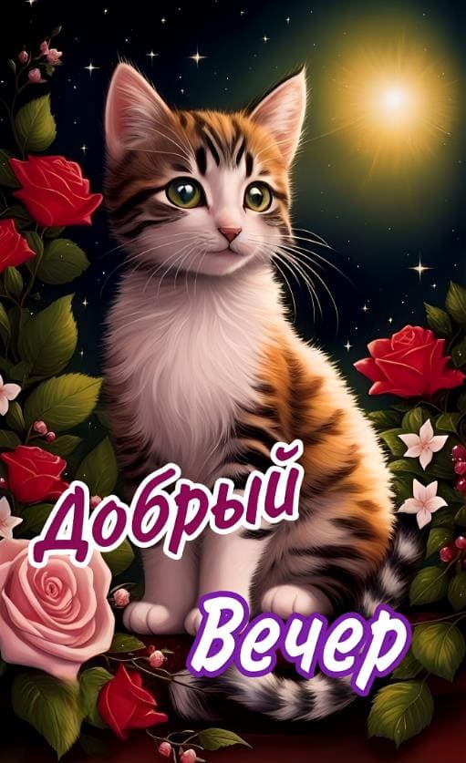 Котик желает доброго вечера - открытка