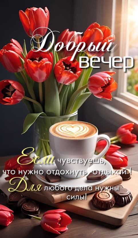 Красивая картинка добрый вечер с кофе и красными тюльпанами