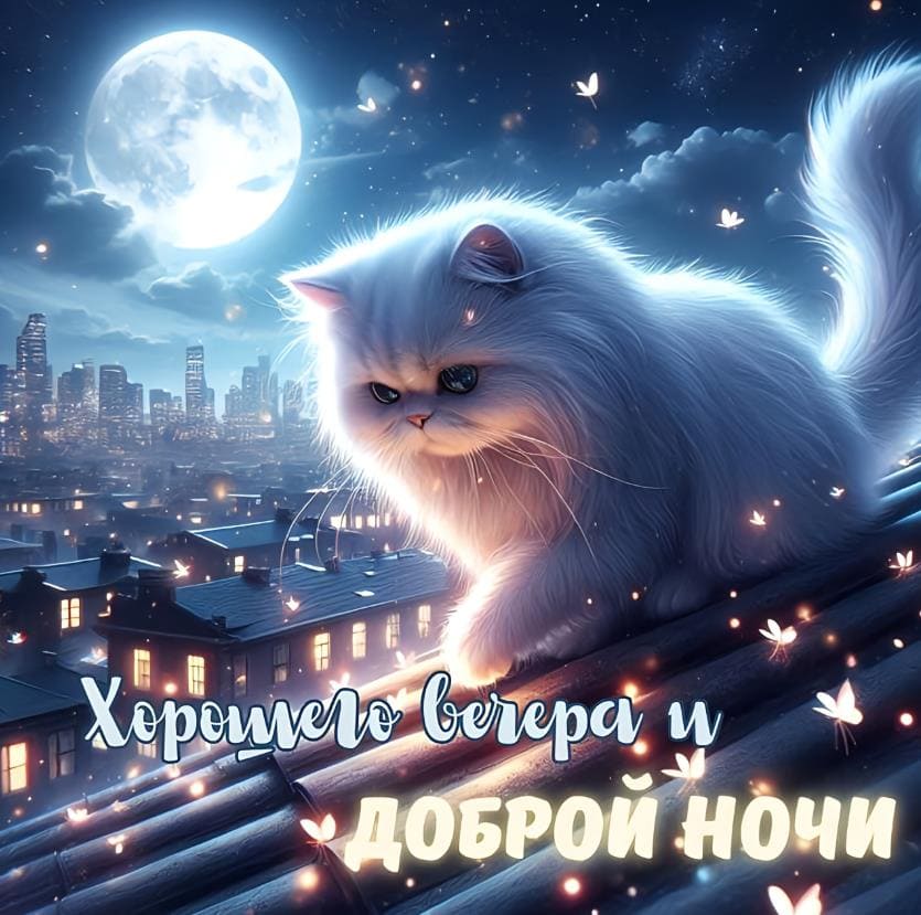 Кошечка желает хорошего вечера и доброй ночи! - открытка на телефон