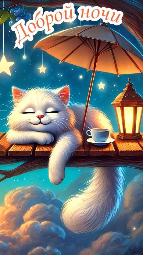 Красивая открытка доброй ночи с кошкой
