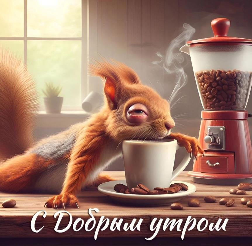 Смешная открытка доброго утра! с белкой и кофе