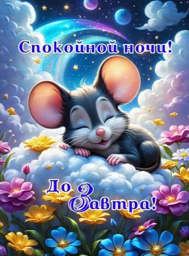 Да завтра! Спокойной ночи! - милая картинка с мышкой в цветах