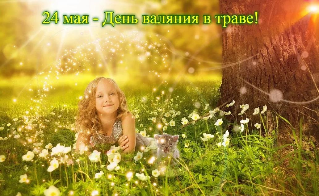 Красивая картинка с днём валяния в траве с девочкой