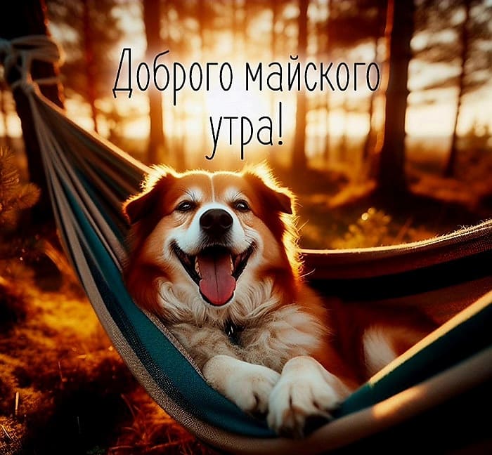 Солнечная открытка с собакой и пожеланием доброго майского утра!