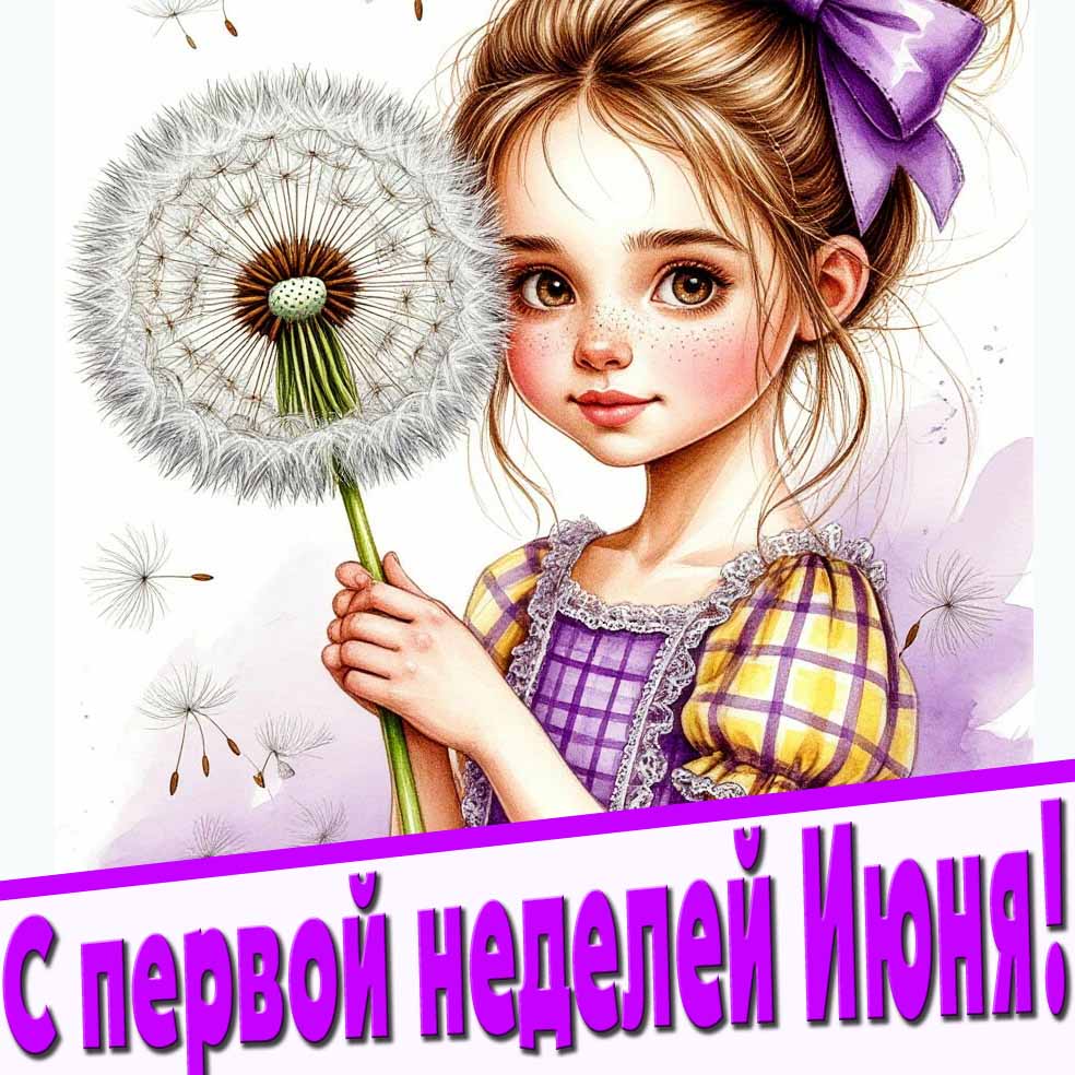Открытка с первой неделей Июня! - девочка с одуванчиком