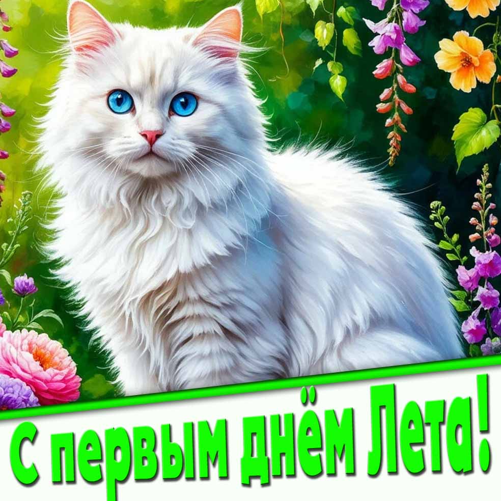 С первым днём лета! - красивая открытка с кошкой и цветами