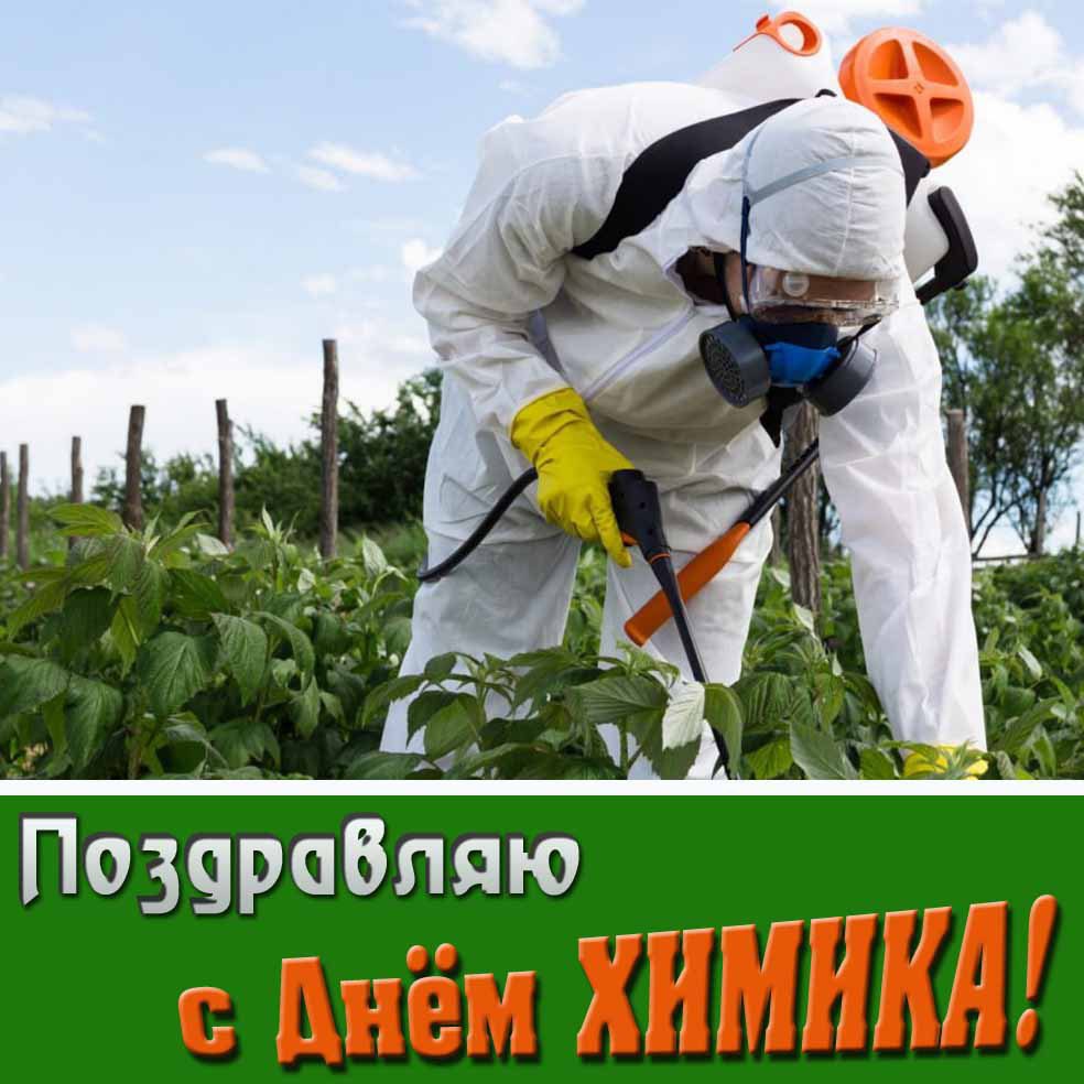 Открытка поздравляю с днём Химика! - мужик со средствами защиты растений