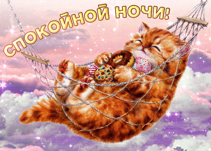 Прикольная мерцающая гифка "Спокойной ночи" с кошкой