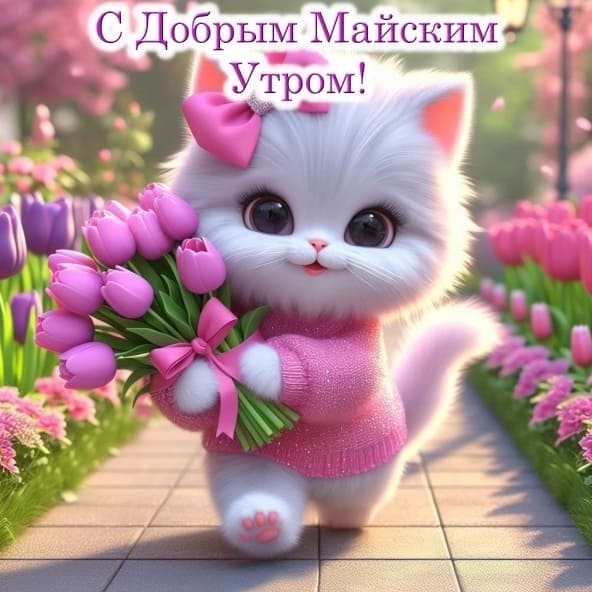 Милая открытка доброго майского утра с кошечкой и тюльпанами