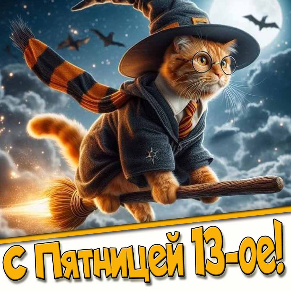 Прикольная открытка с Пятницей 13-ое с котом на метле