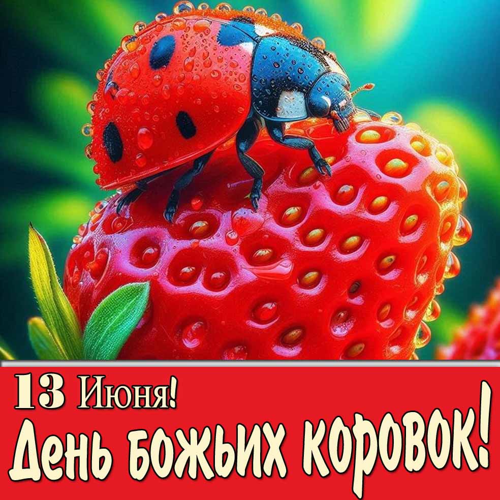 Красивая открытка 13 Июня день божьих коровок