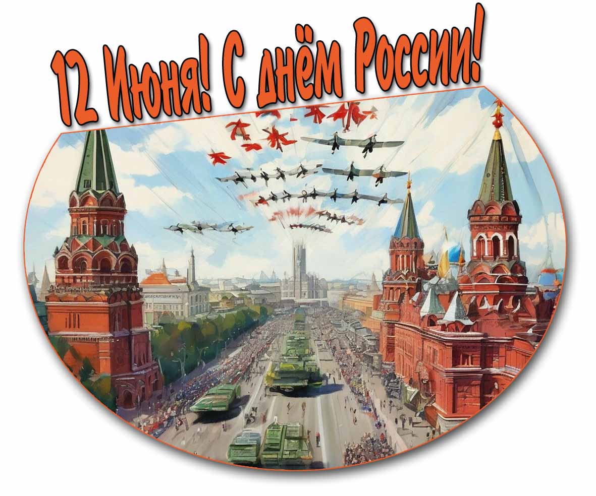 Картинка с парадом на Красной площади "12 Июня! С днём России!"