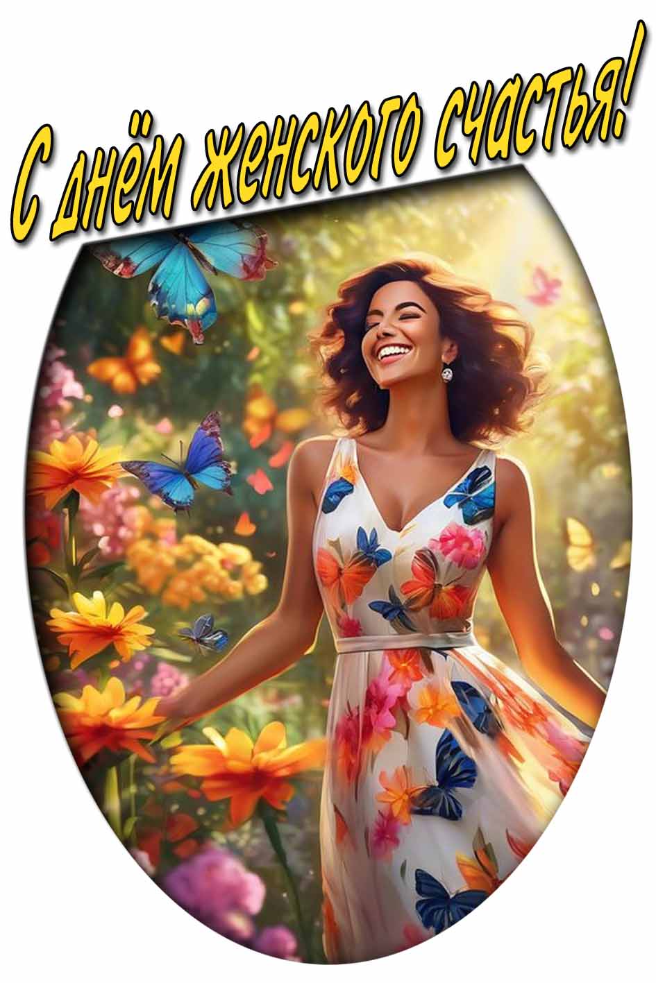 Яркая летняя открытка с улыбчивой девушкой в цветах и надписью : с днём женского счастья!