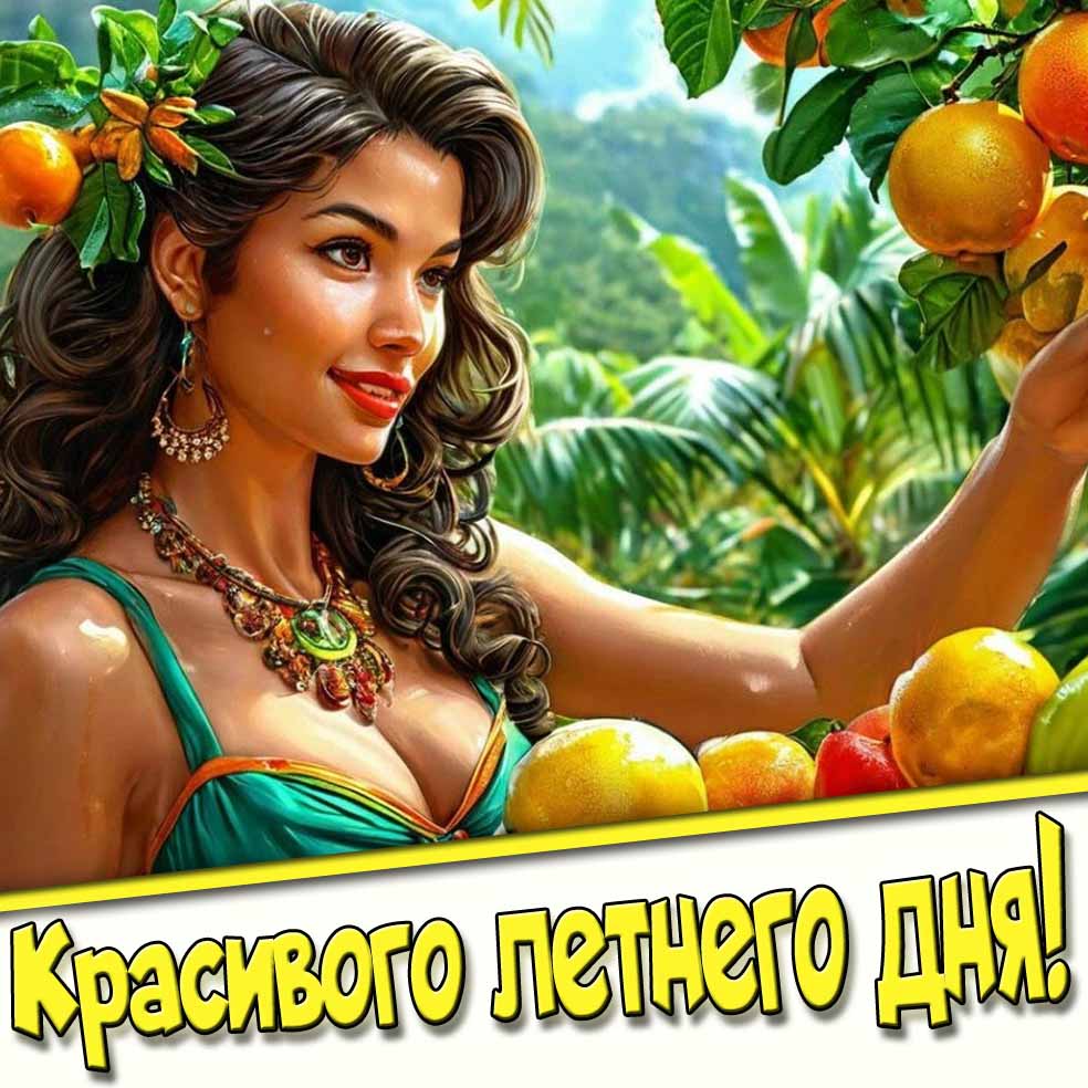 Красивого летнего дня! - открытка с мулаткой в тропиках