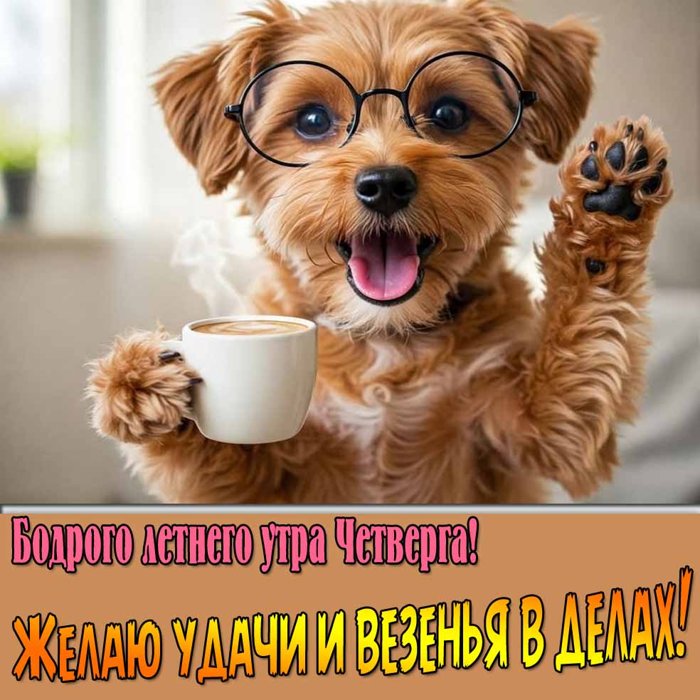 Смешная картинка "Бодрого летнего утра четверга! Желаю удачи и везенья в делах!"