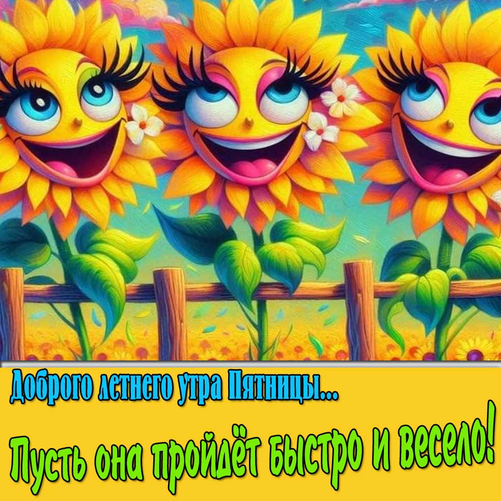Прикольная открытка "Доброго летнего утра пятницы! Пусть она пройдёт быстро и весело!"