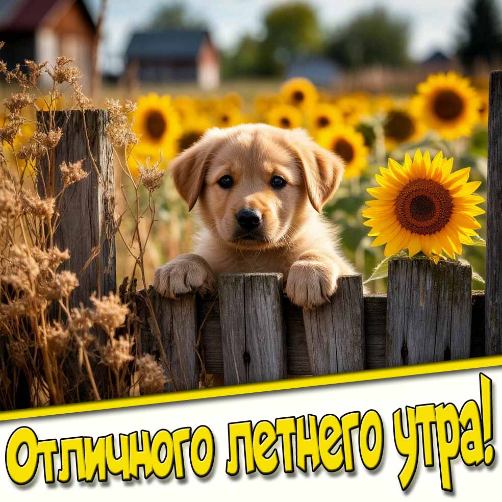 Отличного летнего утра! - прикольная открытка с собакой в подсолнухах