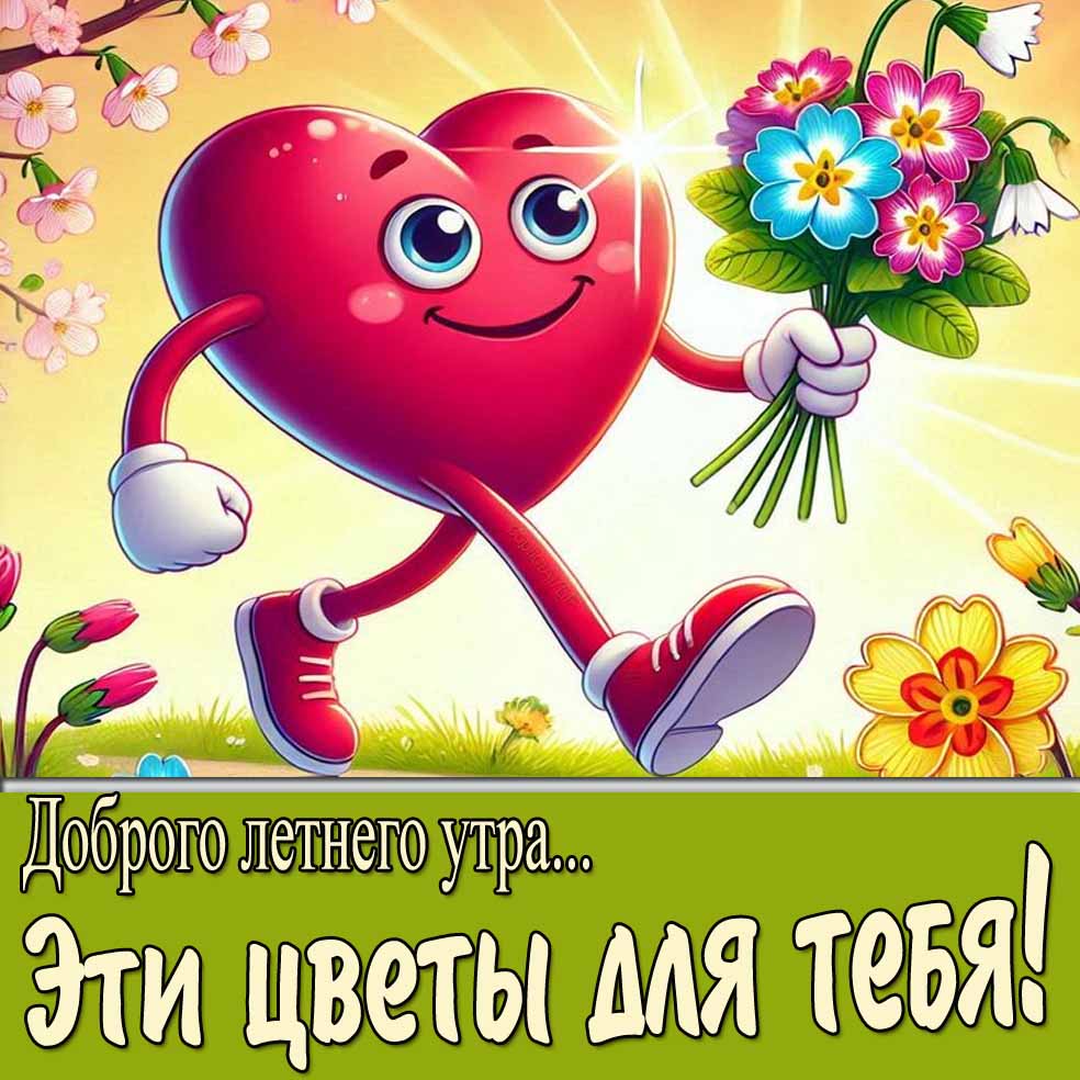Прикольная открытка "Доброго летнего утра! Эти цветы для тебя!"