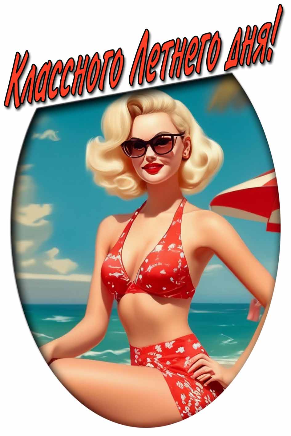 Картинка "Классного летнего дня!" с блондинкой в купальнике