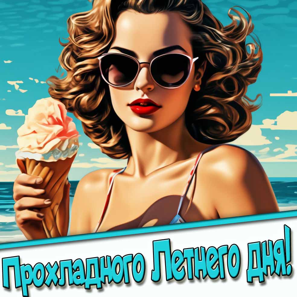 Прохладного летнего дня! - открытка с девушкой с мороженым