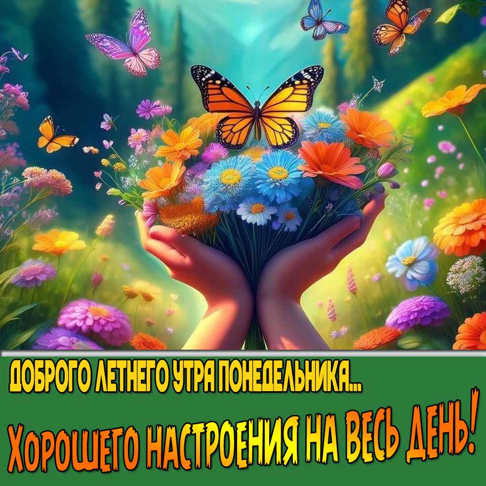 Красивая открытка "Доброго летнего утра понедельника! Хорошего настроения на весь день!"