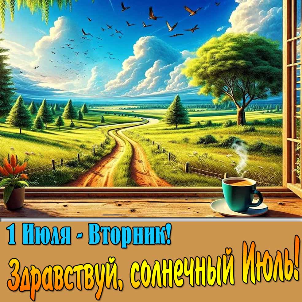 Открытка "1 Июля - Вторник! Здравствуй, солнечный Июль!"