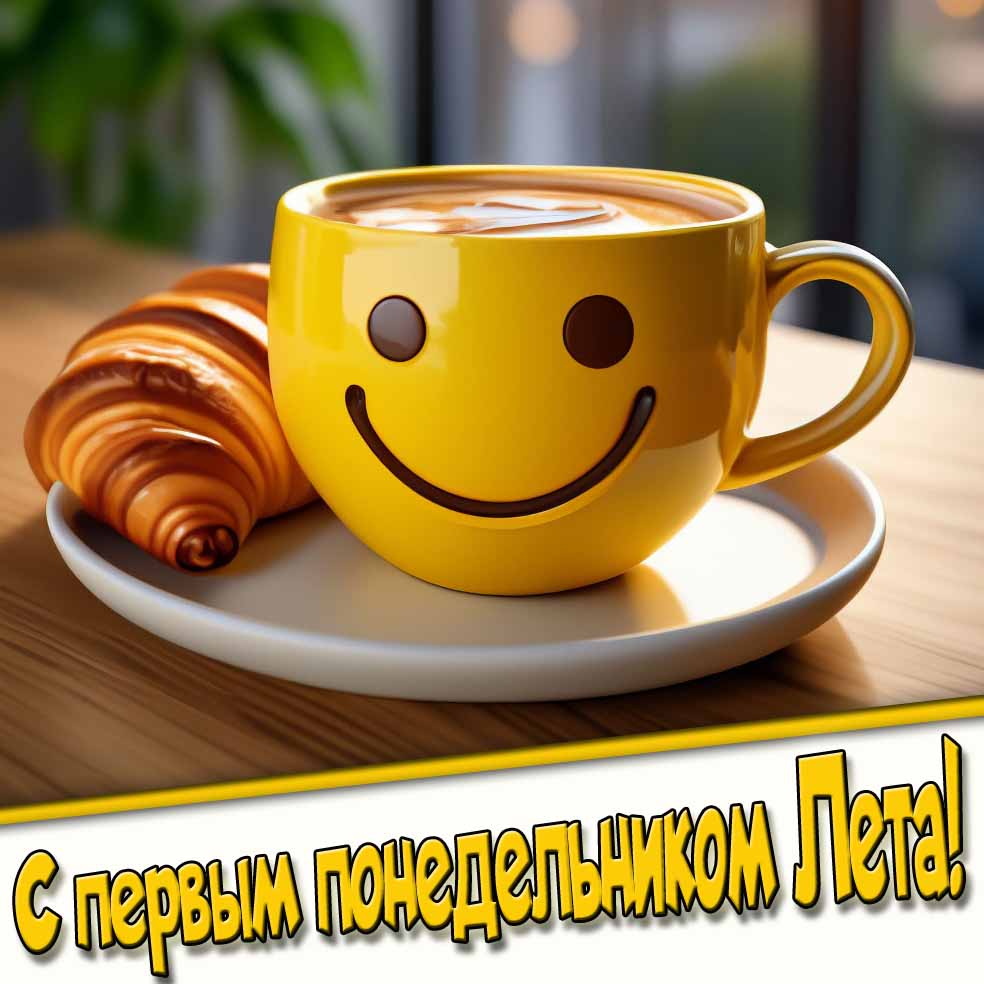 С первым понедельником Лета! - позитивная открытка с кофе