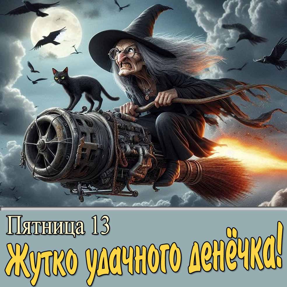 Пятница 13 : Жутко удачного денёчка! - открытка с ведьмой